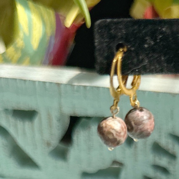 Ocean jasper drops gold statement dangle bon bon earrings - Picture 2 of 2